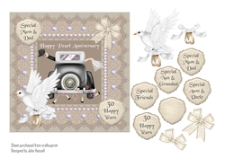 Pearl Anniversary card with wedding car & 3D dove and bow