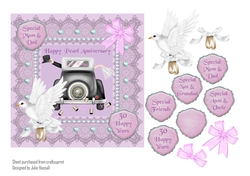 Pearl Anniversary card with wedding car & 3D dove and bow