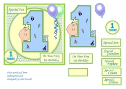 1st Birthday card with large numeral, little boy and balloons
