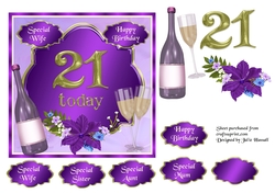 21st Birthday card toppers with wine, glasses and flowers
