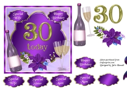 30th Birthday card topper with wine, glasses and flowers