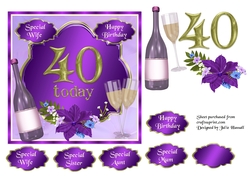 40th Birthday card topper with wine, glasses and flowers
