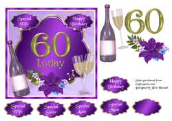 60th Birthday card topper with wine, glasses and flowers