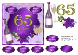 65th Birthday card topper with wine, glasses and flowers