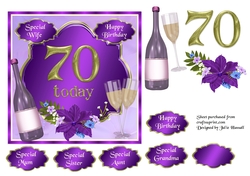 70th Birthday card topper with wine, glasses and flowers