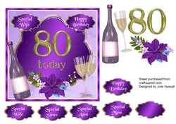 80th Birthday card topper with wine, glasses and flowers