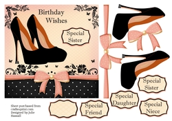 Birthday card with high heeled shoes and spotty bow