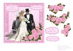 Wedding day card with bride & groom & decoupage pink roses
