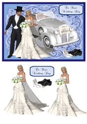 Wedding day card with 3D bride and vintage car
