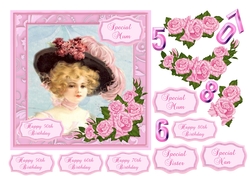 Vintage lady birthday card with decoupage pink roses, choice of recipients and ages