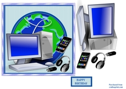 Computer birthday card with headphones, memory stick and iphone
