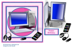 Pink Computer birthday card with headphones, memory stick and iphone