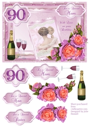 90th Birthday card with decoupage roses & vintage lady