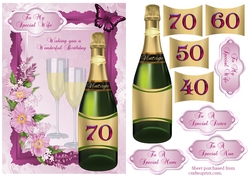 Milestone Birthday card kit with champagne, glasses & 3D flowers. Ages 40,50,60,70