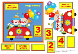 Clowns driving birthday card with relatives and ages