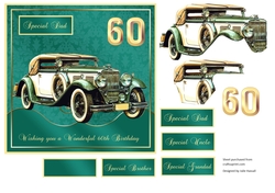 60th Birthday card front with Vintage MG & decoupage. Family tags