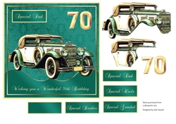 70th Birthday card front with Vintage MG & decoupage. Family tags