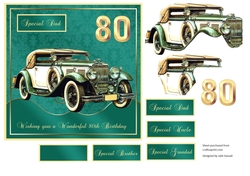 80th Birthday card front with Vintage MG & decoupage. Family tags