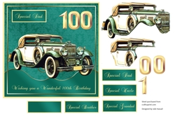 100th Birthday card front with Vintage MG & decoupage. Family tags