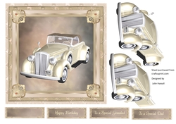 Vintage car birthday card front with decoupage & choice of tags
