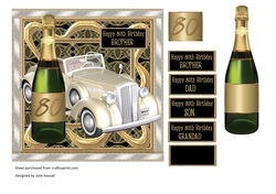 80th birthday card with vintage car & champagne. Choice of male sentiments