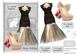 Ladies birthday card with evening dress, high heels and cat with family tags