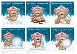 Winter teddies Christmas card toppers. Set of 6