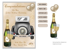 Golden Wedding Anniversary card front with wedding car, champagne & balloons