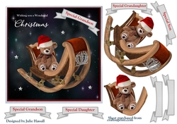 Teddys Sleigh Christmas card with decoupage and family tags