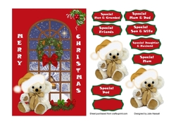 Teddy Xmas Window card front with family sentiments
