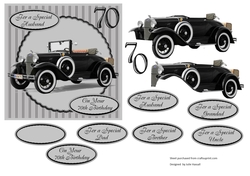 70th Birthday card front with decoupage vintage Ford convertible car & family tags