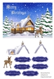 Christmas card with cosy cottage in winter scene with reindeer