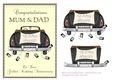 Golden wedding anniversary card for Mum & Dad with wedding car and trailing cans