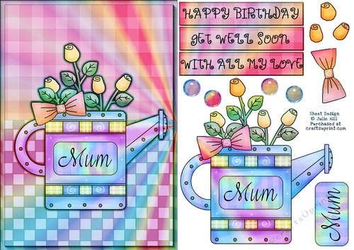 Rose Watering Can Mum Rainbow Birthday Card Sheet