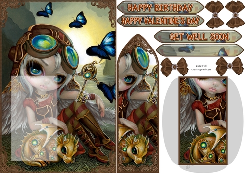 Strangeling Clockwork Steampunk Dragon Valentine bookmark card sheet