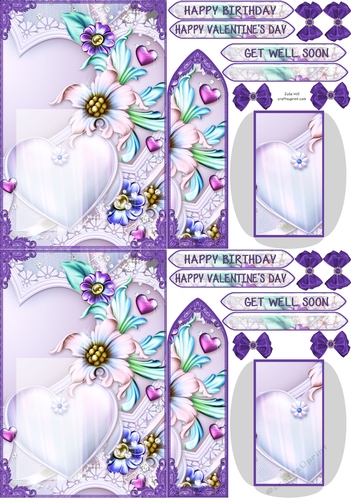 Floral many hearts lavender Birthday C6 bookmark card sheet