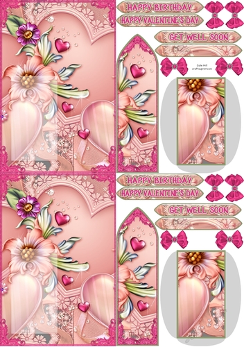 Floral many hearts pink C6 Birthday bookmark card sheet
