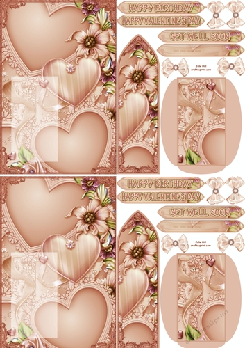 Antique vintage floral many hearts pink C6 Birthday bookmark card sheet