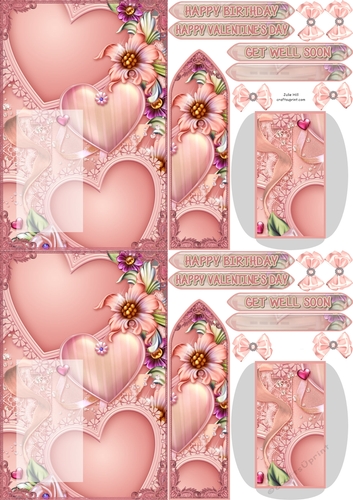 Salmon pink floral many hearts Get well soon C6 bookmark card sheet