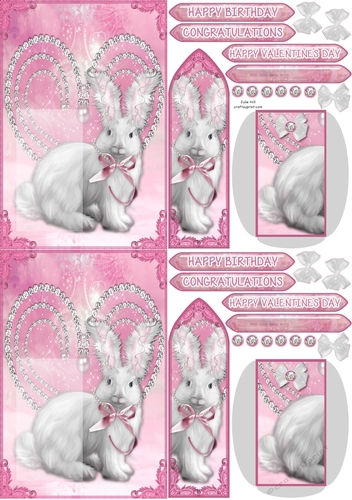 Bunny love sparkle heart Birthday C6 bookmark card sheet