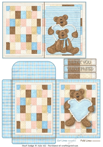 Baby boy bear invitation thank you notelet and envelope sheet