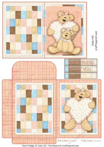 Baby girl bear invitation thank you notelet and envelope sheet
