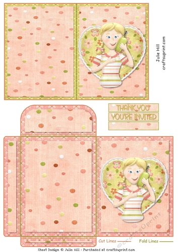 Girl on phone bear invitation thank you 2  notelet and envelope sheet