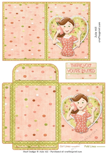 Girl on phone invitation thank you notelet and envelope sheet