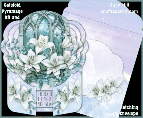 Gatefold pyramage card Deepest Sympathies church window lilies