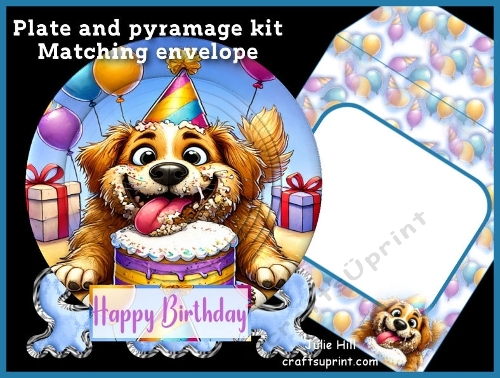 Cute birthday cake dog plate card kit with matching envelope