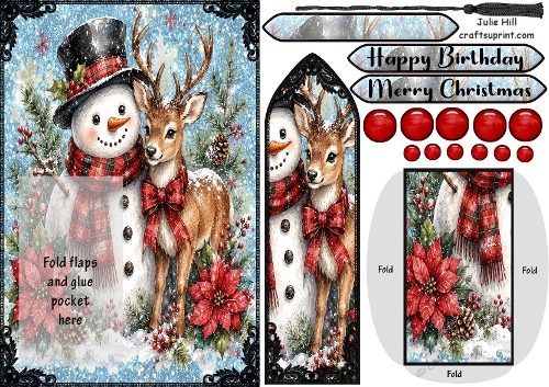 Christmas snowman and deer  bookmark card