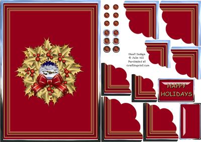 Red and Gold Holly Wreath in Frame Corner Pyramid Scallops