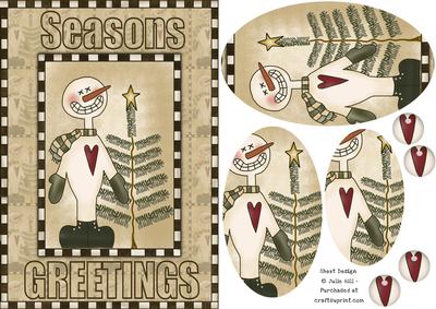 Seasons Greetings Primitive Snowman Oval Pyramid