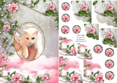 White Cat and Roses Scollop Corner Stacker Card